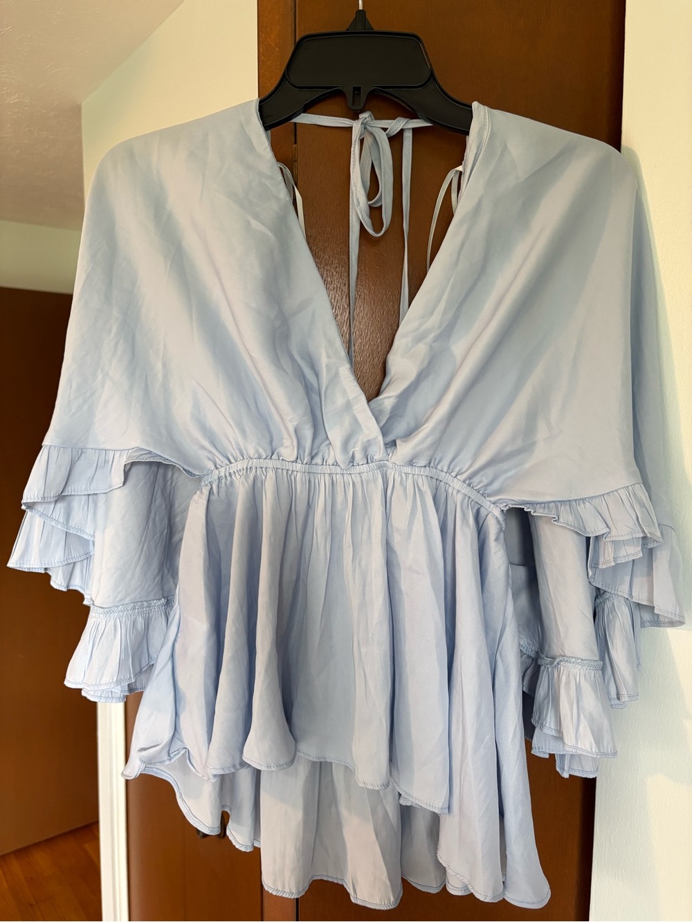 Impressions Pale Blue Tie-Back V-Neck Peplum Top